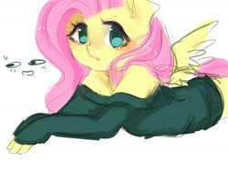 Size: 1280x960 | Tagged: safe, artist:marinakirby, character:fluttershy, species:anthro, bottomless, clothing, cute, female, looking at you, off shoulder, partial nudity, prone, shyabetes, simple background, solo, sweater, sweatershy, white background
