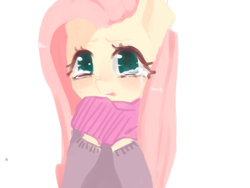 Size: 1280x960 | Tagged: safe, artist:marinakirby, character:fluttershy, species:pony, clothing, crying, cute, female, mare, open mouth, sad, sadorable, scarf, shyabetes, simple background, solo, sweater, sweatershy, white background