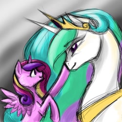 Size: 1000x1000 | Tagged: safe, artist:valkyrie-girl, character:princess cadance, character:princess celestia, boop, cute, cutedance, eye contact, filly, sketch, smiling, spread wings, wings