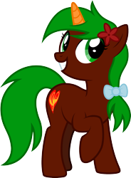 Size: 1533x2087 | Tagged: safe, artist:lightning stripe, derpibooru original, oc, oc only, oc:razor blade, species:pony, species:unicorn, 2020 community collab, derpibooru community collaboration, bow, brown coat, colored horn, cutie mark, eyelashes, female, flower, flower in hair, green eyes, green mane, green tail, grin, hair bow, horn, mare, one leg raised, ponytail, show accurate, simple background, smiling, solo, transparent background, vector