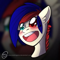 Size: 1024x1024 | Tagged: safe, artist:obscuredragone, oc, oc:beatbreaker, species:pony, big eyes, blue and red, blue mane, blushing, commission, ear fluff, happy, open mouth, red and blue, red mane, smiley face, solo, two colour eyes, two colour hair, ych result