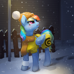 Size: 3000x3000 | Tagged: safe, artist:hardbrony, character:rainbow dash, species:pegasus, species:pony, clothing, cute, dashabetes, delivery pony, digital art, female, mare, smiling, snow, snowfall, solo, tongue out, winter outfit, yandex