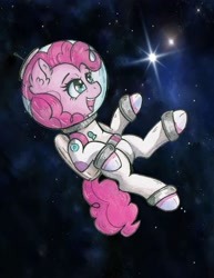 Size: 1608x2081 | Tagged: safe, artist:lightisanasshole, character:pinkie pie, species:earth pony, species:pony, astronaut, astronaut pinkie, clothing, element of laughter, female, floating, future, happy, jetpack, looking up, smiling, solo, space, space suit, stars, suit, traditional art, watercolor painting
