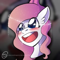 Size: 1024x1024 | Tagged: safe, artist:obscuredragone, oc, oc only, oc:reformed windigo, species:pony, species:unicorn, big eyes, blushing, commission, cute, ear fluff, female, halo, happy, mare, open mouth, pink hair, pink mane, reformed, smiley face, solo, windigo, windigo oc, ych result