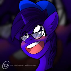 Size: 1024x1024 | Tagged: safe, artist:obscuredragone, oc, species:pony, species:unicorn, big eyes, blushing, cap, clothing, commission, ear fluff, glasses, grin, happy, hat, horn, male, open mouth, smiley face, smiling, solo, stallion, ych result
