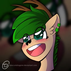 Size: 1024x1024 | Tagged: safe, artist:obscuredragone, oc, oc only, oc:moonlight serenade, species:deer, species:pony, big eyes, blushing, bust, commission, deer oc, ear fluff, green hair, green mane, happy, horns, open mouth, original species, piercing, portrait, smiley face, solo, ych result