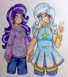 Size: 1065x1200 | Tagged: safe, artist:midoriya_shouto, character:starlight glimmer, character:trixie, species:human, ship:startrix, female, holding hands, humanized, lesbian, shipping, traditional art