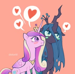 Size: 2187x2139 | Tagged: safe, artist:dotoriii, character:princess cadance, character:queen chrysalis, species:alicorn, species:changeling, species:pony, ship:cadalis, blush sticker, blushing, changeling queen, female, heart, infidelity, lesbian, mare, pictogram, quadrupedal, shipping, tsundalis