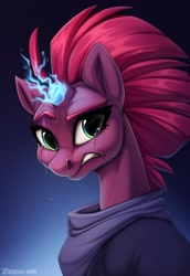 Size: 883x1280 | Tagged: safe, artist:zazush-una, character:tempest shadow, species:pony, species:unicorn, broken horn, bust, clenched teeth, crying, eye scar, female, horn, magic, mare, portrait, scar, solo, sparking horn