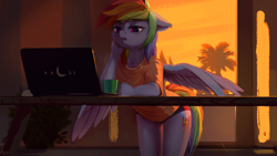 Size: 1920x1080 | Tagged: safe, artist:quvr, character:rainbow dash, species:anthro, species:pegasus, g4, cheek fluff, clothing, computer, cup, cute, dashabetes, ear fluff, female, laptop computer, mare, mug, notebook, palm tree, shirt, solo, spread wings, t-shirt, tired, tree, underwear, wings