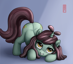 Size: 2500x2191 | Tagged: safe, artist:celsian, character:sprout greenhoof, species:pony, species:unicorn, background pony, behaving like a cat, both cutie marks, cute, face down ass up, female, las pegasus resident, lidded eyes, mare, signature, smiling, solo