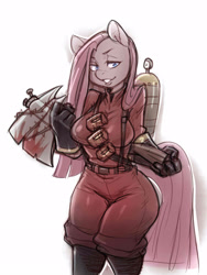 Size: 1200x1600 | Tagged: safe, alternate version, artist:noupie, character:pinkamena diane pie, character:pinkie pie, species:anthro, axe, axtinguisher, clothing, crossover, female, gloves, pinkie pyro, pyro, simple background, solo, team fortress 2, weapon, white background