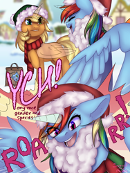 Size: 1500x2000 | Tagged: safe, artist:avrameow, artist:flysouldragon, character:applejack, character:rainbow dash, species:pony, advertisement, clothing, collaboration, comic, commission, fake beard, female, roar, santa beard, scarf, snow, winter, your character here
