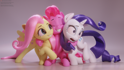 Size: 3840x2160 | Tagged: safe, artist:therealdjthed, character:fluttershy, character:pinkie pie, character:rarity, species:earth pony, species:pegasus, species:pony, species:unicorn, g4, 3d, 3d model, blender, cute, cycles, cycles render, diapinkes, female, group hug, high res, hug, mare, model:djthed, patreon, patreon logo, simple background, trio, unexpected