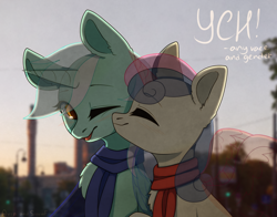 Size: 2000x1564 | Tagged: safe, artist:avrameow, artist:flysouldragon, character:bon bon, character:lyra heartstrings, character:sweetie drops, species:pony, ship:lyrabon, advertisement, clothing, collaboration, commission, couple, evening, female, lesbian, scarf, shipping, your character here