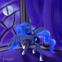 Size: 2000x2000 | Tagged: safe, artist:dalagar, character:princess luna, species:alicorn, species:pony, female, high res, looking back, mare, moon, night, raised hoof, solo, window