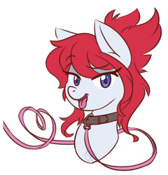Size: 2496x2599 | Tagged: safe, artist:sinamuna, oc, oc only, oc:coco, species:pony, art trade, blue eyes, bust, collar, female, heart, leash, mare, ponytail, red hair, simple background, solo, tongue out, transparent background, white body, white fur