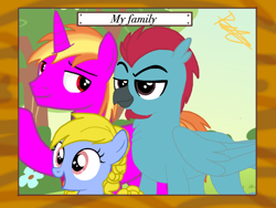 Size: 2048x1536 | Tagged: safe, artist:thunder burst, oc, oc:iron wingheart, oc:quasar(wingman), oc:radiant sky(wingman), species:earth pony, species:griffon, species:pony, species:unicorn, adopted offspring, family, family photo, female, filly, gay, hybrid, male, married couple, text