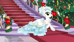 Size: 2773x1560 | Tagged: safe, artist:nstone53, oc, oc:prism palette, species:earth pony, species:pony, christmas, christmas tree, clothing, dress, ear piercing, earring, female, flower, flower in hair, gala dress, holiday, jewelry, pearl, piercing, stairs, tree