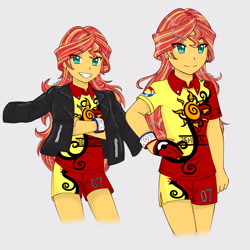Size: 3582x3582 | Tagged: safe, artist:dragonemperror2810, character:sunset shimmer, species:human, my little pony:equestria girls, clothing, crossover, eye clipping through hair, female, fiery shimmer, fire type, gym leader, high res, jacket, nintendo, open mouth, pokemon sword and shield, pokémon, smiling, solo, sunshine shimmer