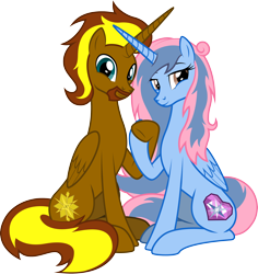 Size: 2640x2793 | Tagged: safe, artist:lightning stripe, derpibooru original, oc, oc only, oc:prince cosmic light, oc:princess sorraia, species:alicorn, species:pony, 2020 community collab, derpibooru community collaboration, alicorn oc, beard, commission, couple, facial hair, female, holding hooves, male, mare, show accurate, simple background, sitting, smiling, sorright, stallion, transparent background, vector