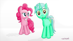Size: 1280x720 | Tagged: safe, artist:scrimpeh, character:lyra heartstrings, character:pinkie pie, species:earth pony, species:pony, species:unicorn, duo, duo female, female, looking at you, mare