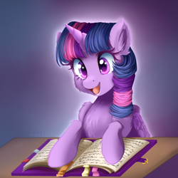 Size: 1350x1350 | Tagged: safe, artist:meotashie, character:twilight sparkle, character:twilight sparkle (alicorn), species:alicorn, species:pony, book, cheek fluff, chest fluff, cute, ear fluff, female, friendship journal, leg fluff, mare, open mouth, solo, twiabetes, wing fluff