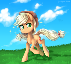 Size: 2000x1800 | Tagged: safe, artist:meotashie, character:applejack, species:earth pony, species:pony, cloud, cute, female, jackabetes, looking at you, mare, sky, solo