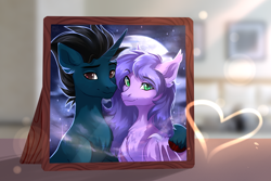 Size: 3000x2000 | Tagged: safe, alternate version, artist:magicbalance, oc, oc:midnight reverie, oc:slashing prices, species:bat pony, species:pony, species:unicorn, bat pony oc, bust, couple, female, heart, male, mare, moon, moonlight, particles, picture, picture frame, portrait, shipping, smiling, stallion, unicorn oc