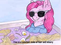 Size: 3352x2469 | Tagged: safe, artist:lightisanasshole, character:pinkie pie, species:earth pony, species:pony, bath, clothing, depressed, egg, female, filthy frank, food, meme, noodles, pink guy, ramen, reference, shirt, smiling, smirk, solo, sunglasses, text, toppings, wet mane