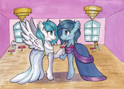Size: 3316x2384 | Tagged: safe, artist:lightisanasshole, oc, oc:delly, oc:graceful motion, species:pegasus, species:pony, species:unicorn, blue coat, blue mane, blushing, blushing profusely, chandelier, chest fluff, clothing, dancing, dress, duo focus, female, floor, flower, fluffy, gala dress, holding hands, hoof hold, in love, looking at each other, oc x oc, pegasus oc, room, shipping, table, unicorn oc, walls, white coat, white dress, window, wooden floor