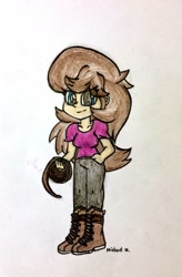 Size: 724x1104 | Tagged: safe, artist:michaelmaddox222, oc, oc:jenna prep, my little pony:equestria girls, boots, clothing, colored, female, hiking boots, looking at you, pencil drawing, rope, shoes, signature, solo, traditional art