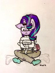 Size: 779x1025 | Tagged: safe, artist:michaelmaddox222, character:starlight glimmer, species:anthro, species:plantigrade anthro, species:unicorn, g4, bondage, clothing, colored, crossed legs, female, floppy ears, horn, horn ring, implied cozy glow, looking down, magic suppression, mare, pencil drawing, signature, sitting, socks, solo, straitjacket, traditional art