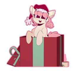 Size: 2000x1927 | Tagged: safe, artist:hagalazka, oc, oc only, oc:hopple scotch, species:earth pony, species:pony, christmas, clothing, female, hat, holiday, mare, pigtails, present, santa hat, simple background, smiling, solo, transparent background, ych result