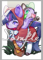 Size: 385x536 | Tagged: safe, artist:kura, character:spike, character:twilight sparkle, character:twilight sparkle (alicorn), species:alicorn, species:dragon, species:pony, animal costume, apple, baguette, basket, bread, clothing, cosplay, costume, cute, duo, female, food, little red riding hood, male, mare, no pupils, obtrusive watermark, open mouth, spikabetes, twiabetes, watermark, wolf costume