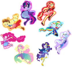 Size: 1600x1495 | Tagged: safe, artist:sapphiregamgee, character:applejack, character:fluttershy, character:pinkie pie, character:rainbow dash, character:rarity, character:sunset shimmer, character:trixie, character:twilight sparkle, character:twilight sparkle (scitwi), species:eqg human, equestria girls:forgotten friendship, g4, my little pony: equestria girls, my little pony:equestria girls, armpits, humane five, humane seven, humane six, ponied up, scitwilicorn, simple background, sleeveless, super ponied up, transparent background, wand