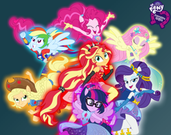 Size: 2000x1572 | Tagged: safe, artist:sapphiregamgee, character:applejack, character:fluttershy, character:pinkie pie, character:rainbow dash, character:rarity, character:sunset shimmer, character:twilight sparkle, character:twilight sparkle (scitwi), species:eqg human, g4, my little pony: equestria girls, my little pony:equestria girls, armpits, equestria girls logo, humane five, humane seven, humane six, ponied up, super ponied up, team