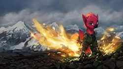 Size: 1920x1080 | Tagged: safe, artist:quvr, oc, oc only, oc:arcus flamefeather, species:hippogriff, clothing, fire, male, mountain, mountain range, solo