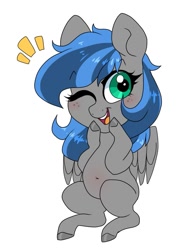 Size: 753x1000 | Tagged: safe, artist:littlebibbo, oc, oc only, oc:bibbo, species:pegasus, species:pony, belly button, blushing, chibi, chubby, female, freckles, mare, one eye closed, open mouth, plump, simple background, smiling, solo, white background