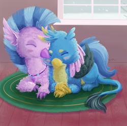 Size: 1668x1649 | Tagged: safe, artist:catscratchpaper, character:gallus, character:silverstream, species:classical hippogriff, species:griffon, species:hippogriff, ship:gallstream, cuddling, cute, diastreamies, eyes closed, female, fluffy, gallabetes, male, shipping, snow, straight, weapons-grade cute, wing hold
