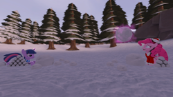 Size: 1280x720 | Tagged: safe, artist:mrm, character:pinkie pie, character:twilight sparkle, character:twilight sparkle (alicorn), species:alicorn, species:earth pony, species:pony, 3d, christmas, clothing, hat, holiday, levitation, magic, revamped ponies, santa hat, scared, scarf, snow, snowball, snowball fight, source filmmaker, telekinesis