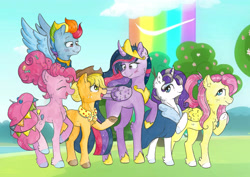 Size: 4814x3405 | Tagged: safe, artist:lightisanasshole, character:applejack, character:fluttershy, character:pinkie pie, character:rainbow dash, character:rarity, character:twilight sparkle, character:twilight sparkle (alicorn), species:alicorn, species:earth pony, species:pegasus, species:pony, species:unicorn, ship:appledash, episode:rainbow falls, episode:the last problem, g4, my little pony: friendship is magic, absurd resolution, apple, apple tree, banner, blue coat, boots, candy, cheek fluff, chest fluff, clothing, cloud, coat, confetti, crown, curly hair, cutie mark, ear fluff, end of ponies, eyes closed, female, finale, fluffy, flying, food, grass, gray mane, group picture, hair bun, hat, jewelry, leg fluff, lesbian, lollipop, looking back, looking down, looking up, mane six, older, older applejack, older fluttershy, older mane six, older pinkie pie, older rainbow dash, older rarity, older twilight, open mouth, ponytail, princess twilight 2.0, raised hoof, regalia, scarf, shoes, sky, sparkles, together forever, tree, walking, wings
