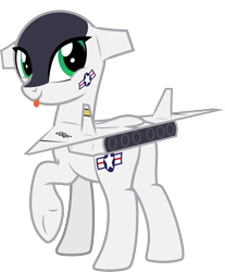 Size: 1767x2134 | Tagged: safe, artist:lightning stripe, derpibooru original, oc, oc:valkyrie, species:plane pony, species:pony, blep, butt, commission, cutie mark, female, green eyes, mare, military, one leg raised, original species, plane, plot, show accurate, simple background, tongue out, transparent background, us airforce, xb-70 valkyrie