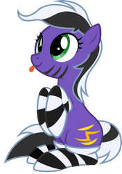 Size: 1585x2256 | Tagged: safe, artist:lightning stripe, derpibooru original, oc, oc:lightning stripe, species:earth pony, species:pony, 2020 community collab, derpibooru community collaboration, black and white mane, blep, clothing, cross-eyed, cute, cutie mark, eyelashes, female, green eyes, makeup, mare, ocbetes, purple coat, show accurate, silly, simple background, sitting, sitting up, socks, solo, striped socks, stripes, tongue out, transparent background, two toned mane, two toned tail, vector