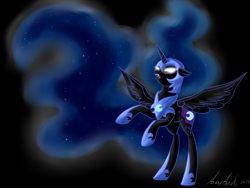 Size: 1400x1050 | Tagged: safe, artist:dreamyartcosplay, character:nightmare moon, character:princess luna, species:alicorn, species:pony, black background, ethereal mane, female, galaxy mane, glowing eyes, helmet, hoof shoes, mare, peytral, rearing, signature, simple background, solo