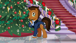 Size: 3200x1800 | Tagged: safe, artist:nstone53, commissioner:imperfectxiii, oc, oc:copper plume, species:pony, species:unicorn, christmas, christmas tree, clothing, commission, cravat, freckles, gala suit, grand galloping gala, holiday, male, monocle, solo, stairs, suit, tree