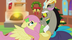Size: 1920x1080 | Tagged: safe, artist:envygirl95, character:discord, character:fluttershy, species:draconequus, species:pegasus, species:pony, ship:discoshy, episode:hearth's warming eve, g4, my little pony: friendship is magic, bell, blushing, bow, christmas, christmas tree, christmas wreath, clothing, cute, discute, female, fire, fireplace, floppy ears, fluttershy's cottage, hairclip, happy, hearth's warming, holiday, looking at each other, male, peaceful, shipping, shyabetes, smiling, stockings, straight, sweet dreams fuel, thigh highs, tree, wreath