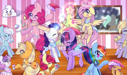 Size: 1024x603 | Tagged: safe, artist:twily-star, character:apple bloom, character:applejack, character:derpy hooves, character:dinky hooves, character:fluttershy, character:pinkie pie, character:rainbow dash, character:rarity, character:scootaloo, character:sweetie belle, character:twilight sparkle, character:twilight sparkle (alicorn), oc, oc:snowdrop, species:alicorn, species:earth pony, species:pegasus, species:pony, species:unicorn, >.<, christmas, christmas tree, clothing, cloud, cookie, cupcake, cute, cutie mark crusaders, deviantart watermark, eye clipping through hair, eyes closed, female, filly, food, halo, hat, holiday, mane six, mare, mother and daughter, mug, obtrusive watermark, one eye closed, open mouth, santa hat, scarf, siblings, sisters, tree, watermark, wink