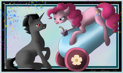 Size: 2000x1200 | Tagged: safe, artist:dreamyartcosplay, character:pinkie pie, oc, species:earth pony, species:pony, species:unicorn, abstract background, confetti, female, looking at each other, male, mare, party cannon, raised hoof, sitting, stallion