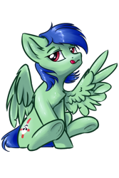 Size: 800x1200 | Tagged: safe, artist:ravistdash, derpibooru original, oc, oc only, oc:block rain, species:pegasus, species:pony, 2020 community collab, derpibooru community collaboration, chest fluff, ear fluff, looking at you, male, peace sign, simple background, sitting, solo, spread wings, tongue out, transparent background, underhoof, wing hands, wings